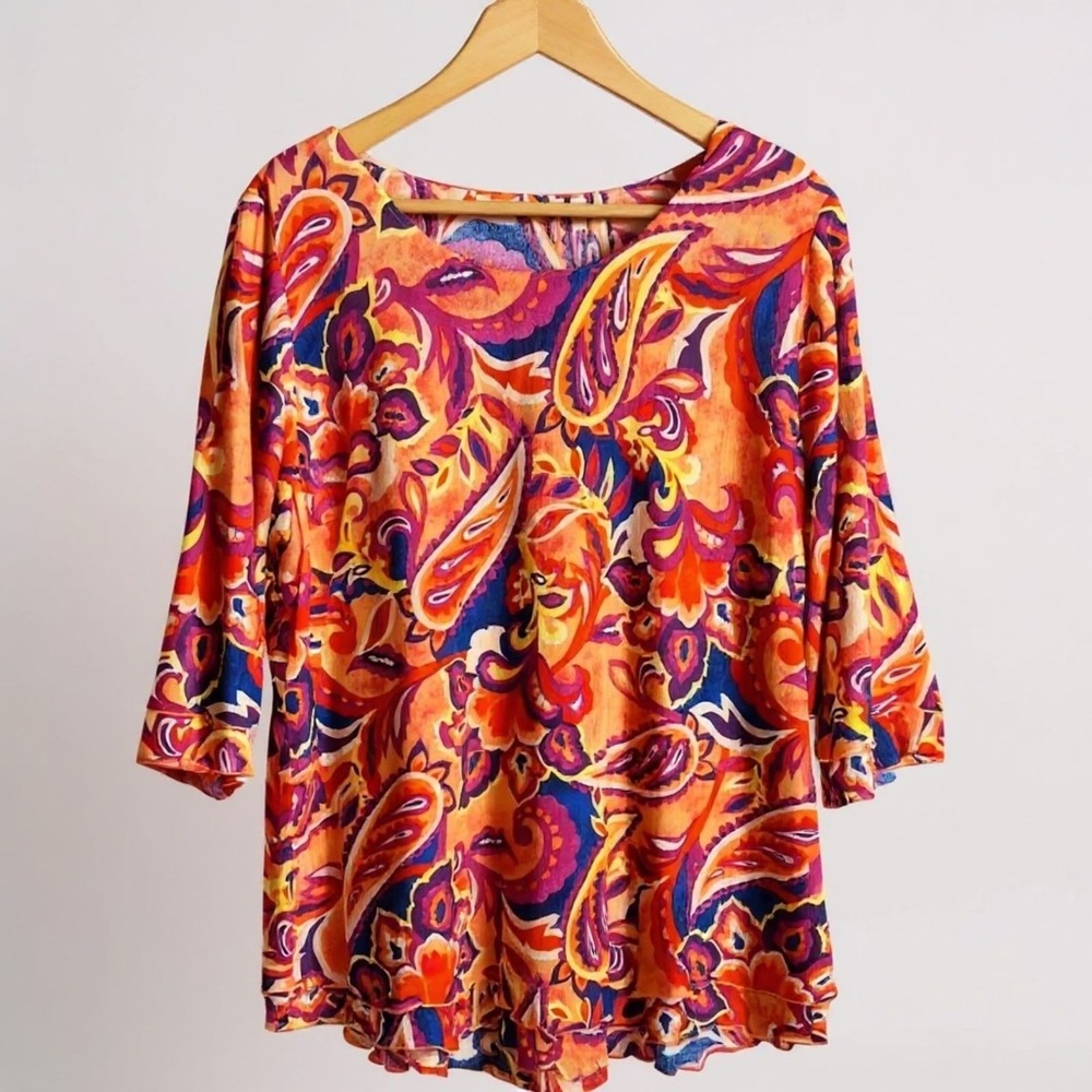 Soft Surroundings Paisley Print Tiered Hem Top Orange Purple Cotton 3/4 Sleeve M